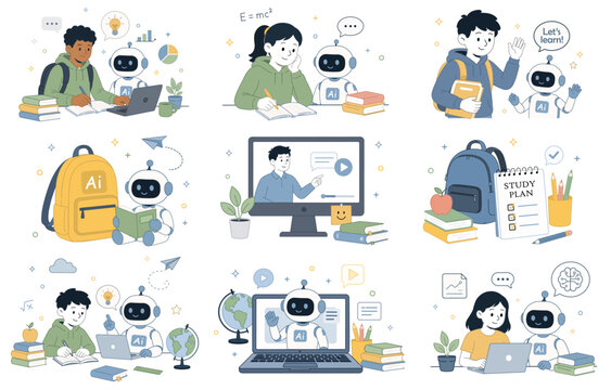 Vector Back to School Elements png. AI Education Cute Vector Sticker Set with Students, Robot Tutor, Online Learning.