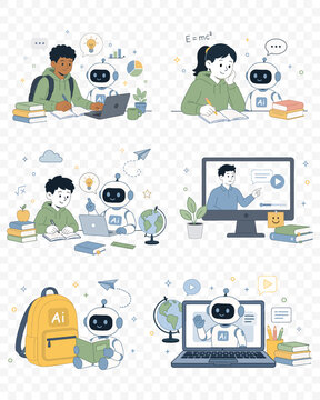 Vector Back to School Elements png. AI Education Cute Vector Sticker Set with Students, Robot Tutor, Online Learning.