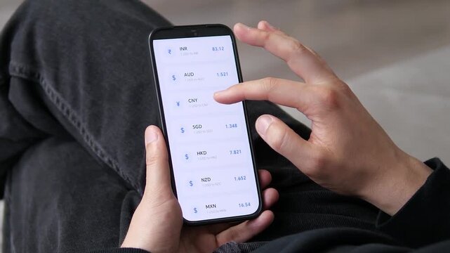 Mobile app showing comprehensive currency rates with USD as base. Features major and minor currency pairs including emerging market values. Final screen shows CNY conversion at 7.234. Ideal for videos