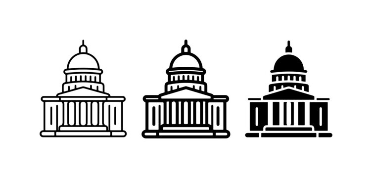 Government Building Icons, Capitol Landmark Silhouettes, Classic Architecture Vector Set