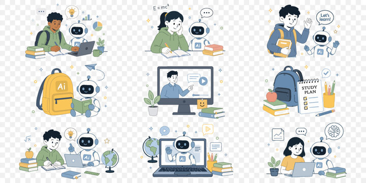 Vector Back to School Elements png. AI Education Cute Vector Sticker Set with Students, Robot Tutor, Online Learning.