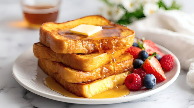 Stack of French toast with melting butter and syrup, served with fresh berries on a white plate. Perfect breakfast food on a marble background.
