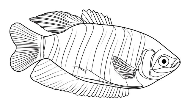 Line art fish illustration on white background.