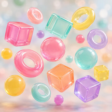 A vibrant digital rendering showcases a collection of colorful geometric shapes floating in a translucent space, creating a dynamic and playful visual element.