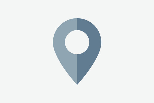 Minimalist blue map pin location marker icon with a central hole positioned against a plain light grey background.