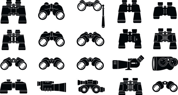 Binoculars and optical equipment black silhouette icon collection featuring opera glasses spotting scopes night vision goggles marine spyglass and military field binoculars vector