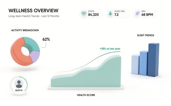 Wellness overview dashboard displaying long term health trends with activity breakdown pie chart and sleep trends bar graph on white