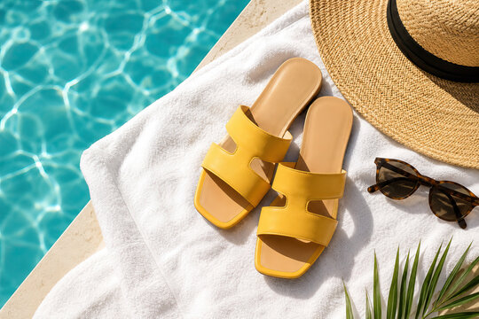 A tranquil summer scene by a swimming pool featuring yellow open-toed sandals, a straw hat, and dark sunglasses, creating a relaxed and inviting atmosphere.