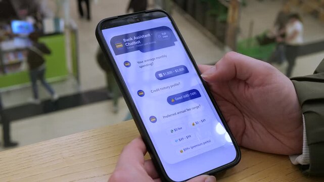 Smartphone showing bank assistant chatbot guiding credit card selection. Screens show spending, credit score, fee preferences, and feature choices. Final recommendation shows Miles Rewards card with 4