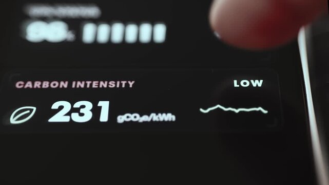Carbon Intensity 231 gCO2e Per kWh With Low Badge And Leaf Icon On Dark Card