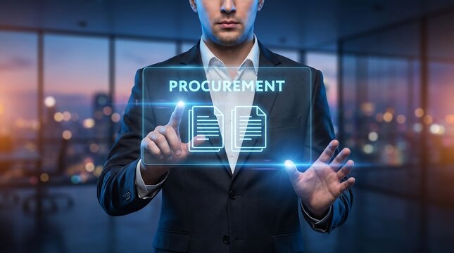 Professional businessman touching virtual interface displaying procurement documents icon for efficient supply chain management and business operations