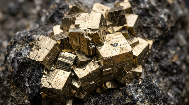 Close-up macro photography of natural gold pyrite mineral crystals embedded in a dark stone matrix for geological science research