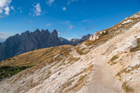Hiking trail in the Dolomites mountains, Italy