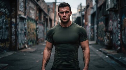 Fototapeta premium Strong athletic man in a tight green compression shirt within a gritty city setting.
