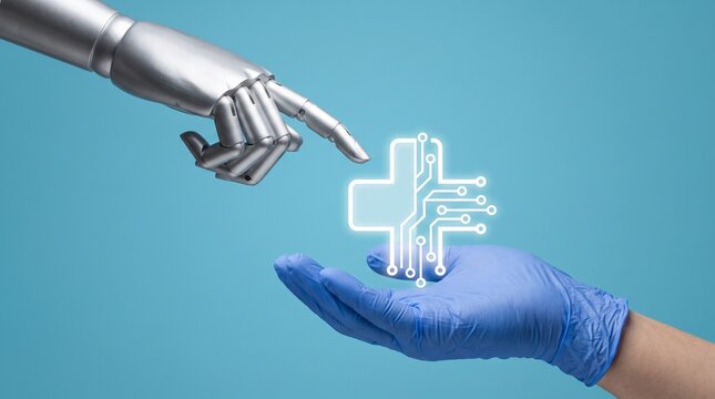 Robotic finger touching digital medical cross symbol hovering above human hand wearing blue glove with future