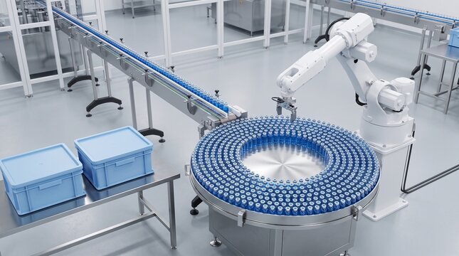 Automated robotic arm processing blue vials on circular conveyor system in sterile manufacturing facility