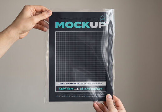 Hands Holding Page Poster inside Plastic Protector Mockup