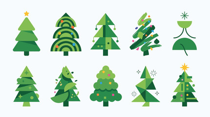 Obraz premium Christmas trees rendered in diverse artistic styles include ornaments and star toppers for seasonal holiday graphic compositions.
