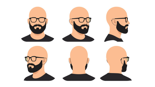 Bald bearded man with glasses avatar set in multiple views