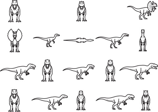 Collection of various dinosaur illustrations in a stylized, vintage, black and white line art style, showcasing different species and poses for educational or creative use.