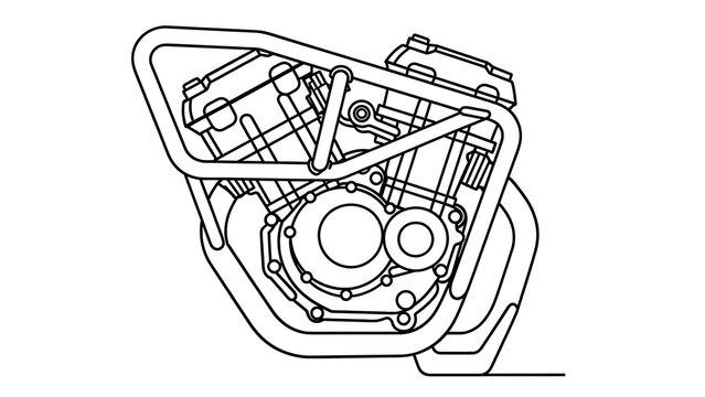 Motorcycle engine technical drawing white background.