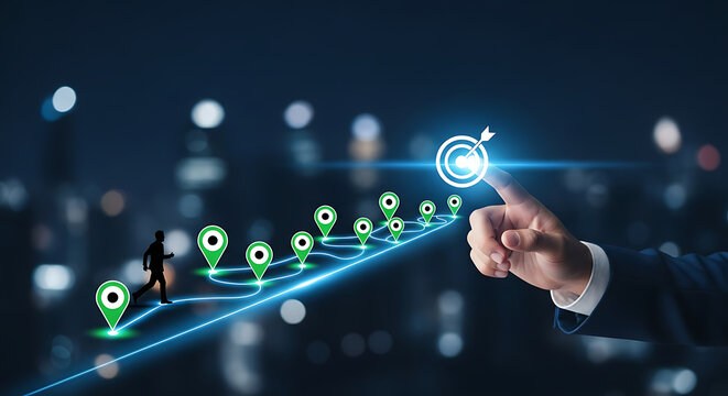 Businessman reaching for a target icon representing growth and career success.