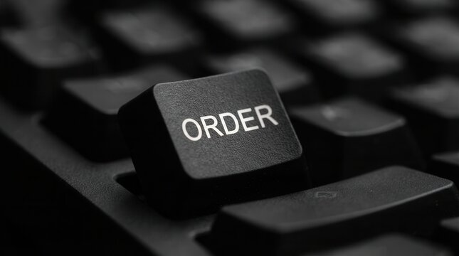 Detailed macro shot of an ORDER button on a black keyboard used for e-commerce and online shopping.