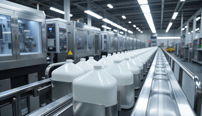 Obraz premium White plastic jugs moving along an automated production line in a modern manufacturing plant