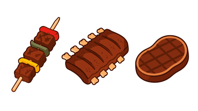Grilled meat skewer, ribs and steak vector food set