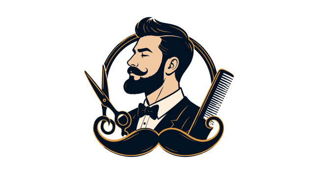 Vintage barber emblem with bearded man scissors and comb