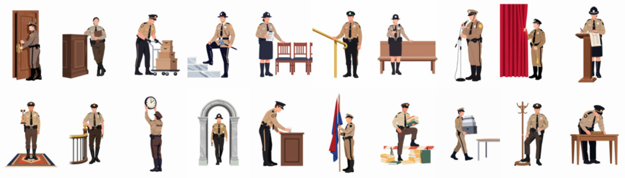 A comprehensive collection of flat vector illustrations showing court bailiffs and sheriffs in various professional poses performing daily courthouse duties and tasks.