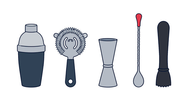 Vector set of cocktail shaker and bar tools on white background