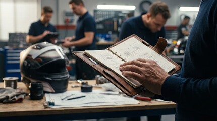 Fototapeta premium Mature motorsport engineer reviewing technical notes with workshop team. Concept of race engineering, vehicle development, professional teamwork.