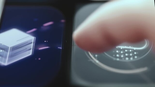 Finger Touching Glowing Isometric Server Rack Icon On Dark Smartphone Screen Macro