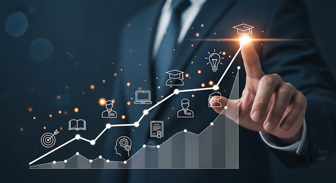 Businessman interacting with a virtual growth chart representing educational development and career advancement.