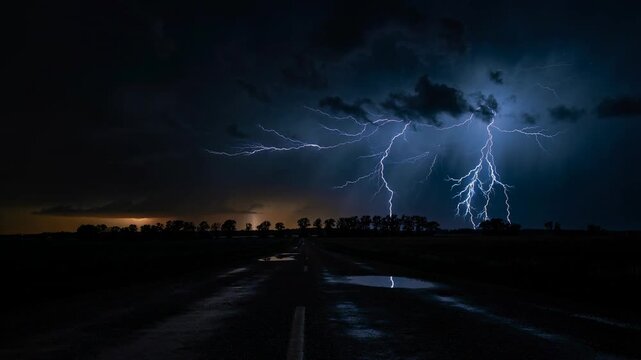 Powerful lightning storm striking over dark rural road with dramatic night sky and reflective wet pavement