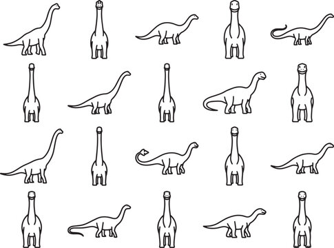 A collection of minimalist dinosaur icons, featuring a variety of brontosaurus poses in a clean line-art style, perfect for educational or creative projects.