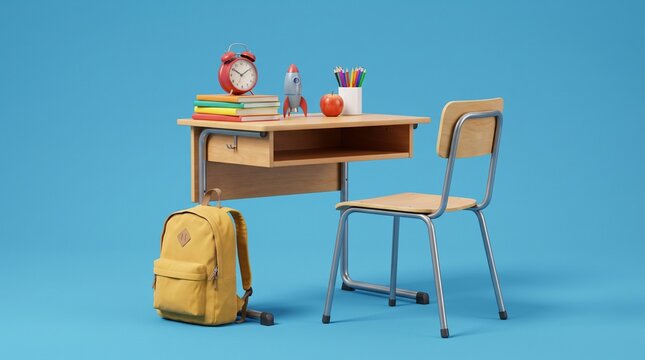 Wooden student desk with backpack and colorful supplies isolated on blue background with backpack set