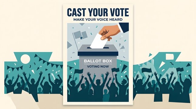 Cast your vote poster design with ballot box and cheering crowd silhouettes