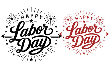 Fototapeta premium Two vibrant Labor Day typographic designs with fireworks and starbursts in black and red on a white background