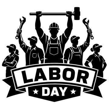 Black silhouette of construction workers raising tools above heads with a labor day banner on a white background