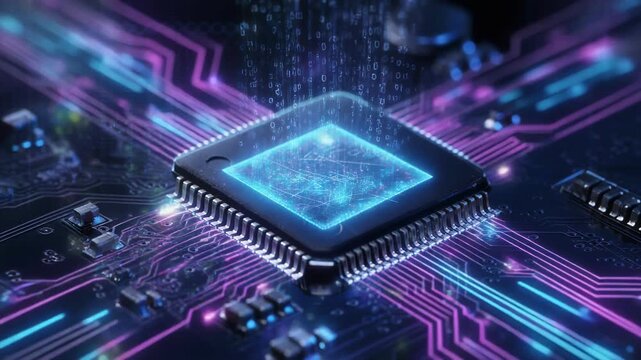 Close up of futuristic computer microchip with glowing digital data streams on circuit board