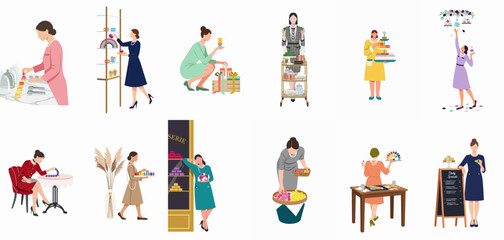 Fototapeta premium A collection of flat illustrations featuring elegant women interacting with colorful macarons in various sophisticated settings like bakeries, cafes, and kitchens.