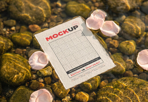 Paper Floating on Water Pond with Petals Mockup