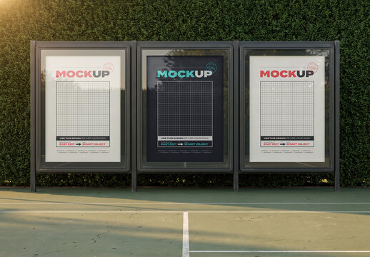Three Signs on Tennis Court Mockup