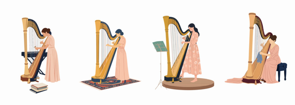 Set of flat illustrations featuring a female harpist playing, tuning, and maintaining a large golden pedal harp in various elegant poses.
