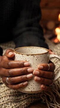 Cozy fingers holding speckled ceramic mug filled with warm drink near firelight, creating comforting and relaxing peaceful atmosphere with knitted