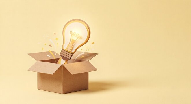 Minimalist 3D papercraft style glowing lightbulb popping out of an open box