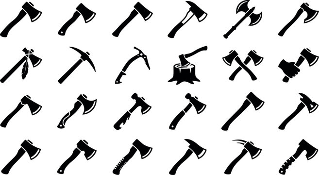 Axe and hatchet black silhouette icon set featuring woodchopper axes double-headed battle axes pickaxes fireman axes tomahawks and lumberjack tools vector illustration