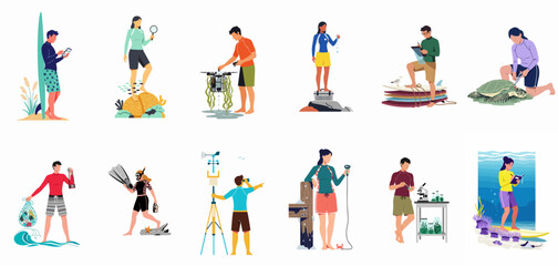 Fototapeta premium Flat vector illustrations of marine biologists and ocean conservationists performing various research, environmental protection, and data collection tasks on the beach and underwater.